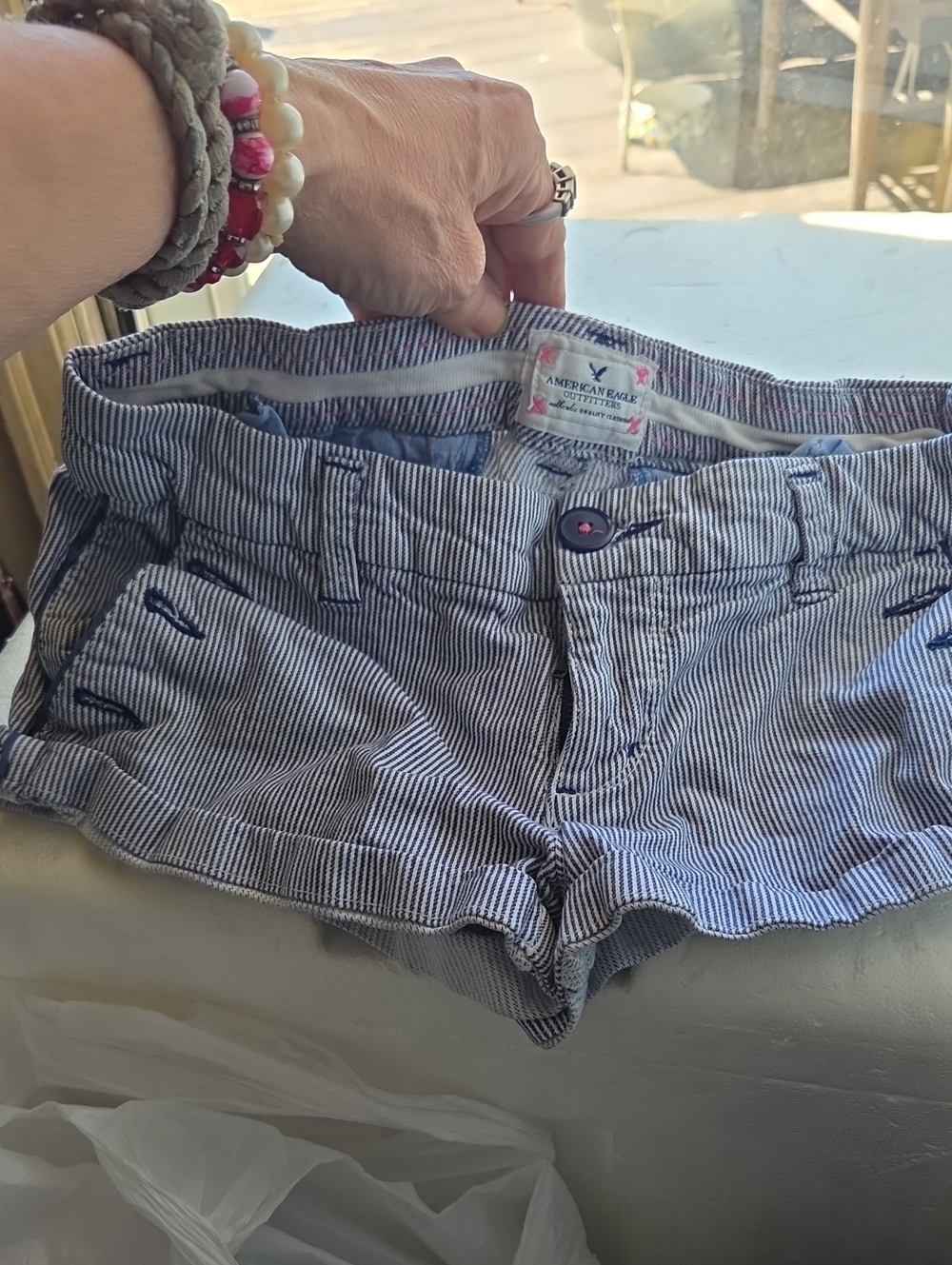 American Eagle Outfitters Blue and White Pinstripe Denim Shorts Festival Size 0
